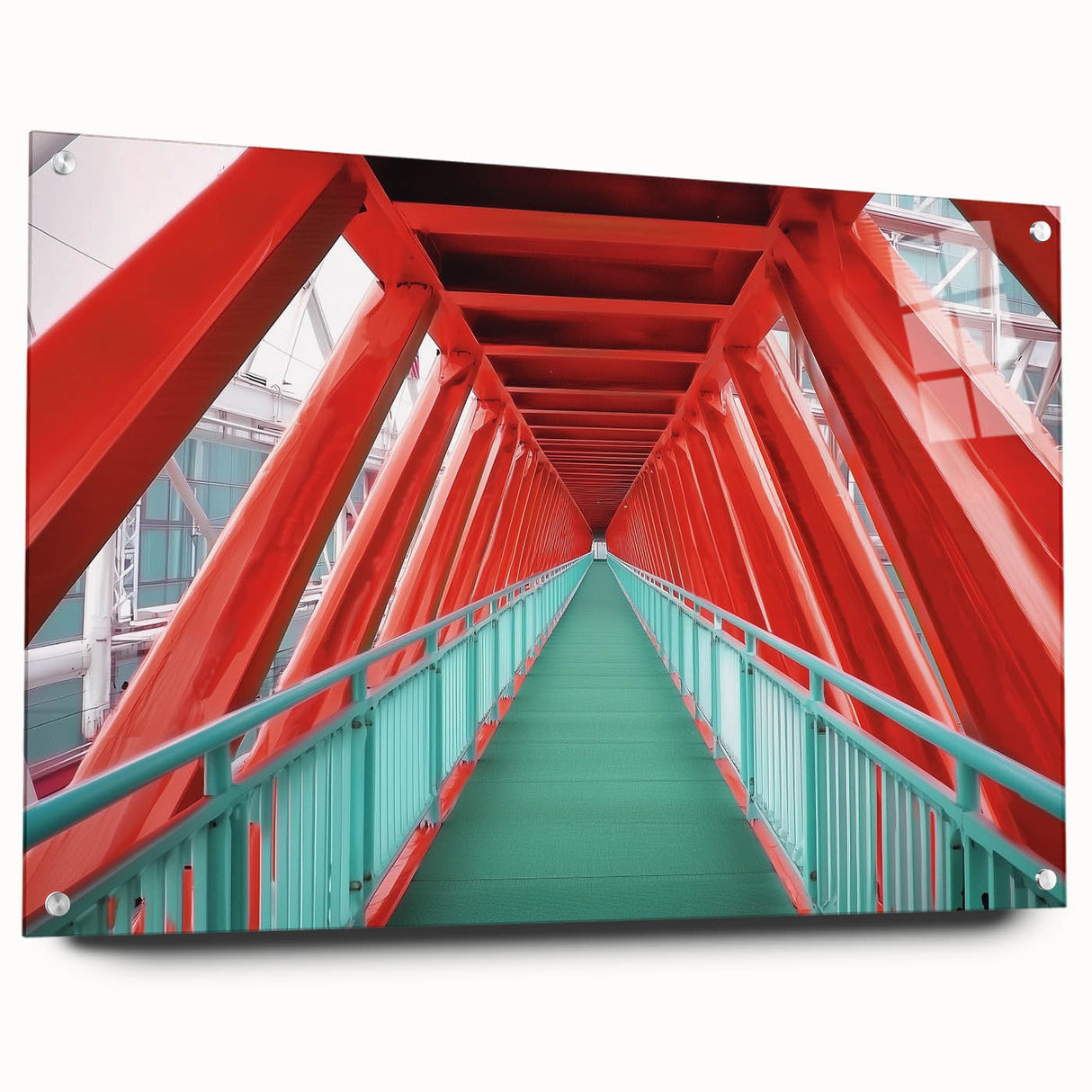 Acrylic glass landscape bridge design showcasing intricate details from a side view, mounted with pins for stability. Ideal for modern home decor enthusiasts.