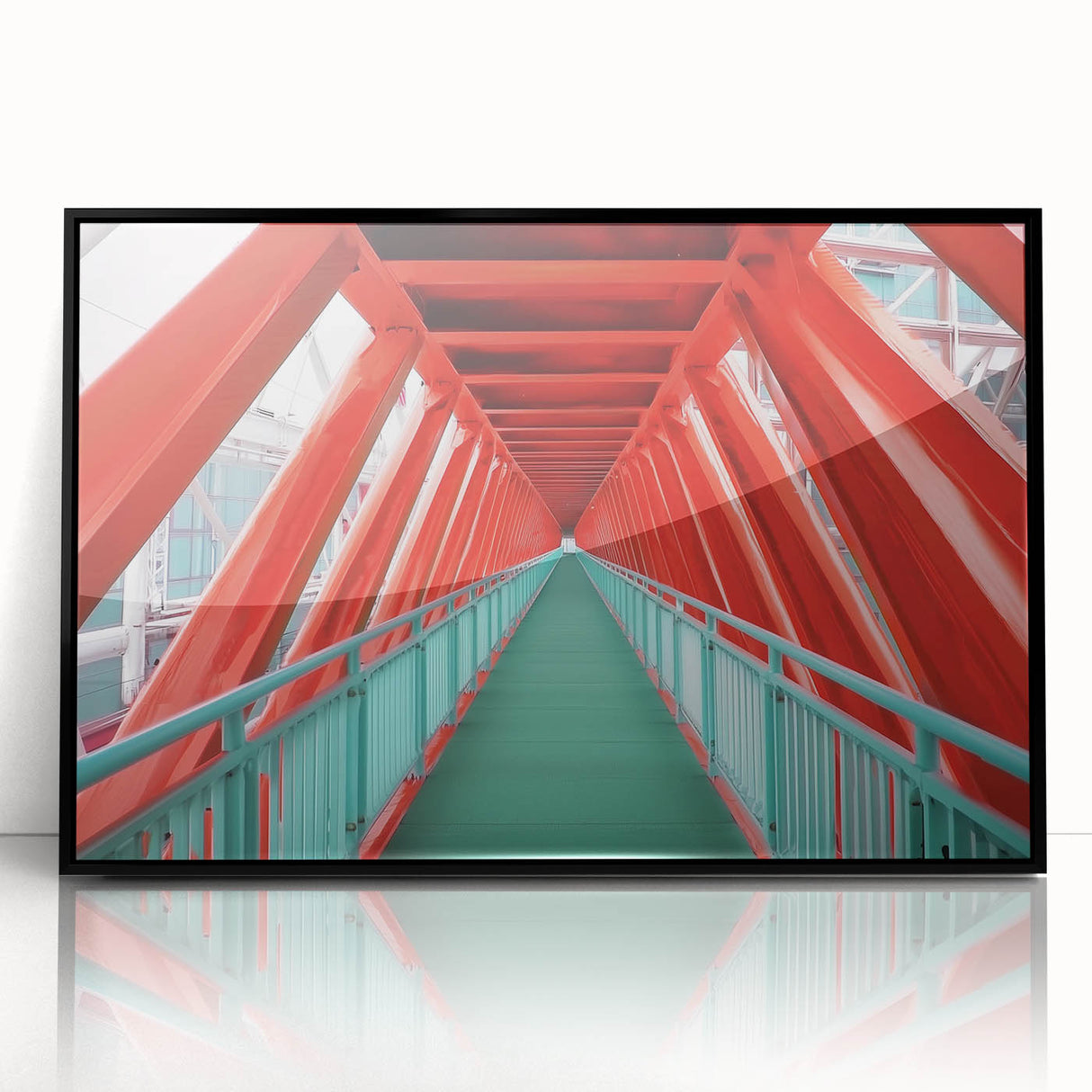 Framed acrylic artwork depicting a scenic landscape with a black wooden frame, showcasing a serene bridge over a tranquil waterway, ideal for modern home decor.