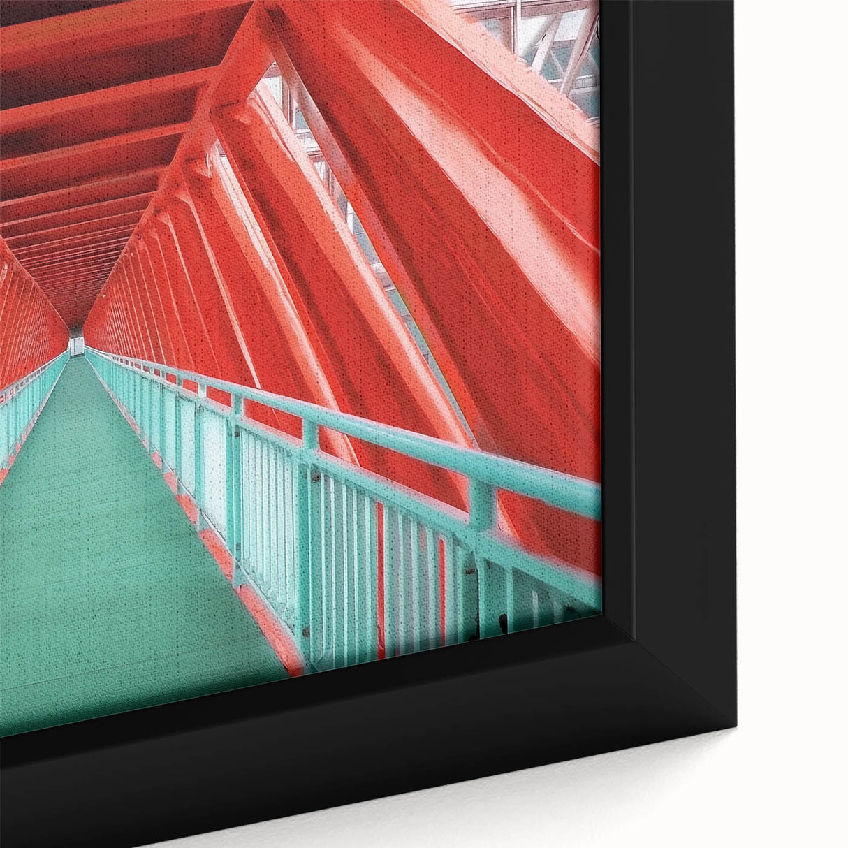 Framed canvas artwork depicting a vibrant landscape bridge scene, showcasing intricate details and rich colors, ideal for home decor or art enthusiasts.