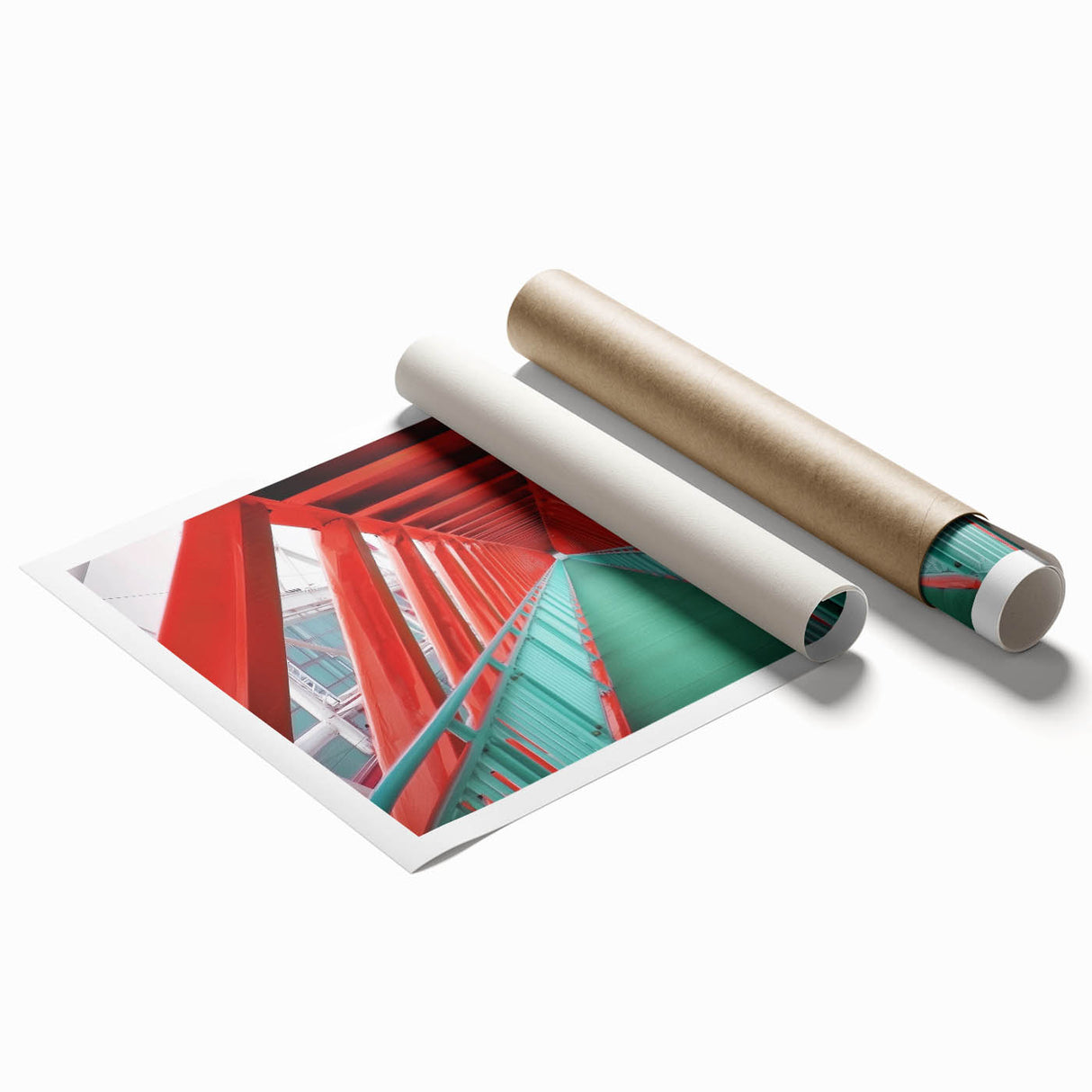 Rolled print of a landscape bridge design, showcasing vibrant colors and intricate details on textured canvas. Perfect for home decor or art enthusiasts.