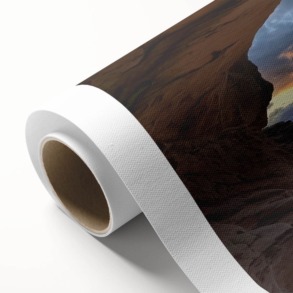 A rolled canvas print showcasing a stunning landscape of vibrant canyons, featuring rich earthy tones and intricate textures, ideal for home decoration.