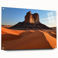 Vibrant acrylic landscape artwork depicting a serene desert scene, showcasing rich colors and intricate details, framed with stylish pins for a modern display.