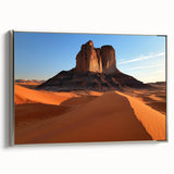 Framed canvas depicting an expansive desert landscape with rich orange and beige hues, featuring a silver frame that enhances its modern aesthetic, ideal for home decor.