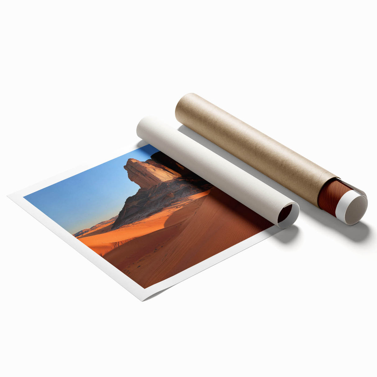 Desert landscape rolled print showcasing vibrant orange and gold hues, depicting a serene sunset over sand dunes, elegantly packaged in a protective tube for shipping.
