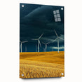Acrylic glass artwork showcasing a vibrant landscape design with fields, displayed from a side view, featuring decorative pins for mounting. Perfect for enhancing home decor with nature-inspired aesthetics.