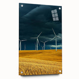 Acrylic glass artwork showcasing a vibrant landscape design with fields, displayed from a side view, featuring decorative pins for mounting. Perfect for enhancing home decor with nature-inspired aesthetics.
