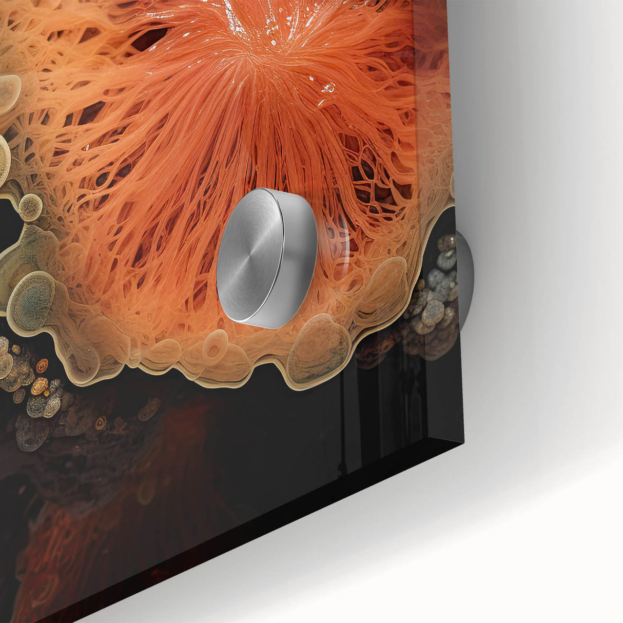 Large abstract wall art in mid-century modernist style, featuring earthy tones on acrylic glass.
