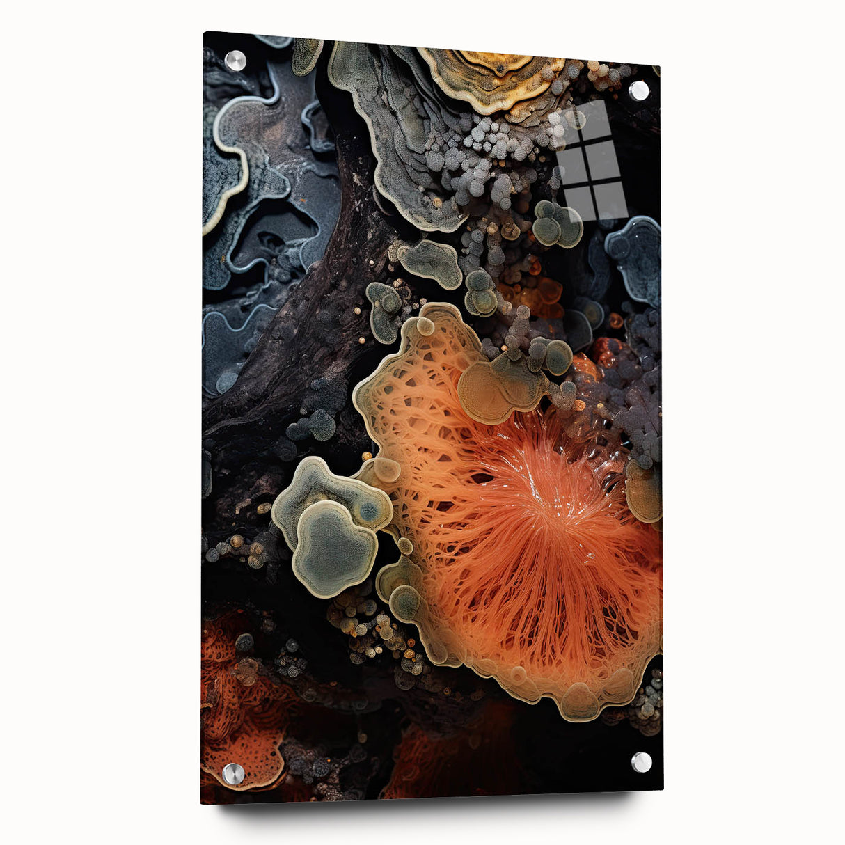 Large abstract wall art on acrylic glass featuring swirling blue and gray tones.