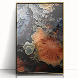 Large art print featuring mid-century modernist abstract elements in natural and gold tones on framed acrylic.