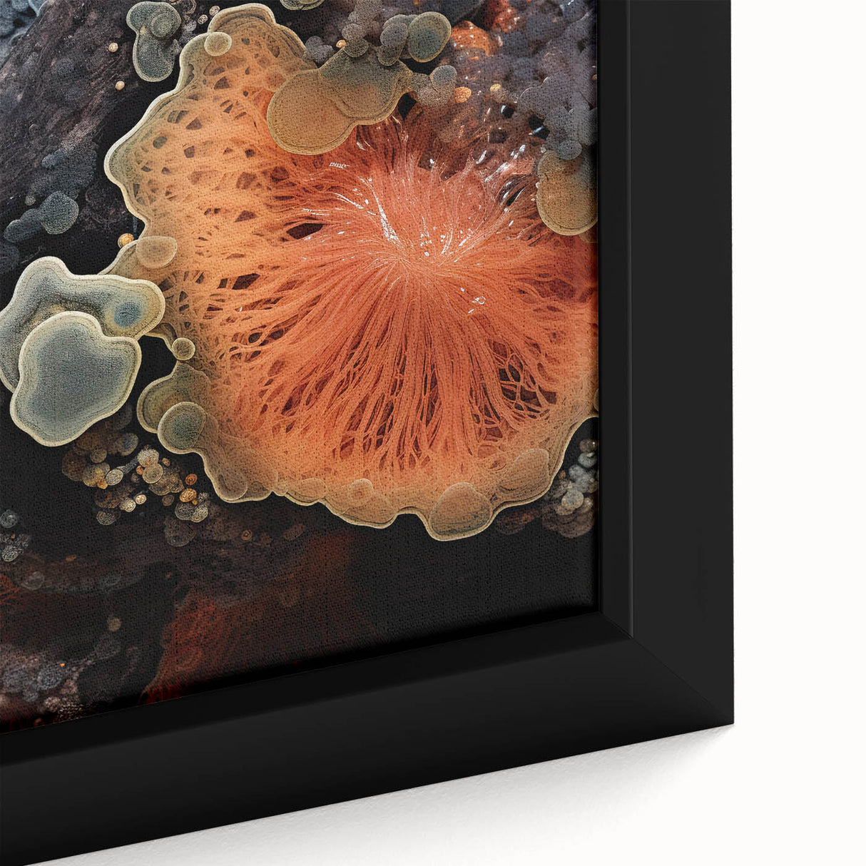 Close-up of textured black wall art with colorful abstract elements on a framed canvas, ideal for living room decor.