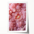 Close-up floral art on rolled print featuring vibrant green and pink tones, ideal for dining room wall decor.