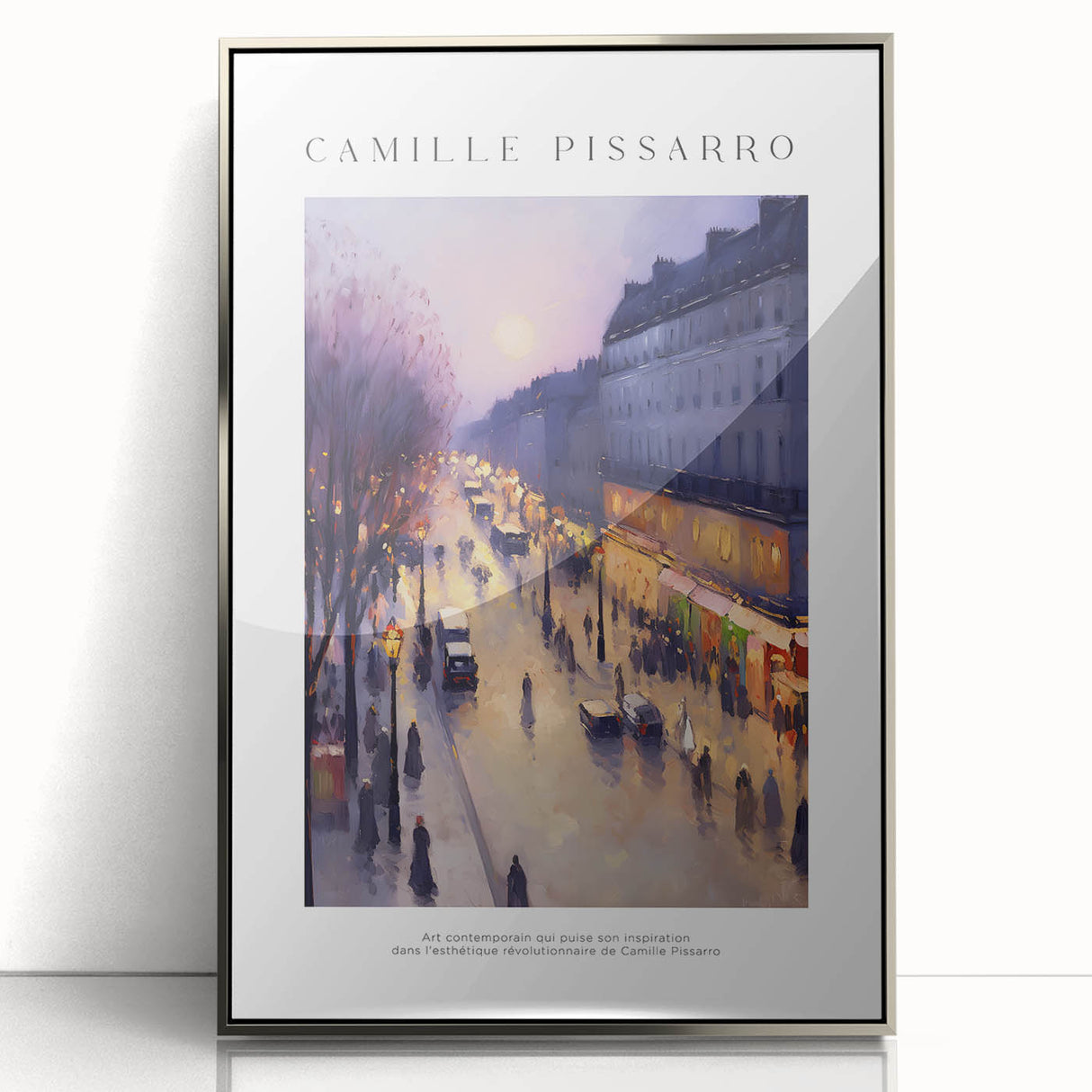Mid-century modernist art depicting abstract shapes in vibrant hues on a silver-framed acrylic print.