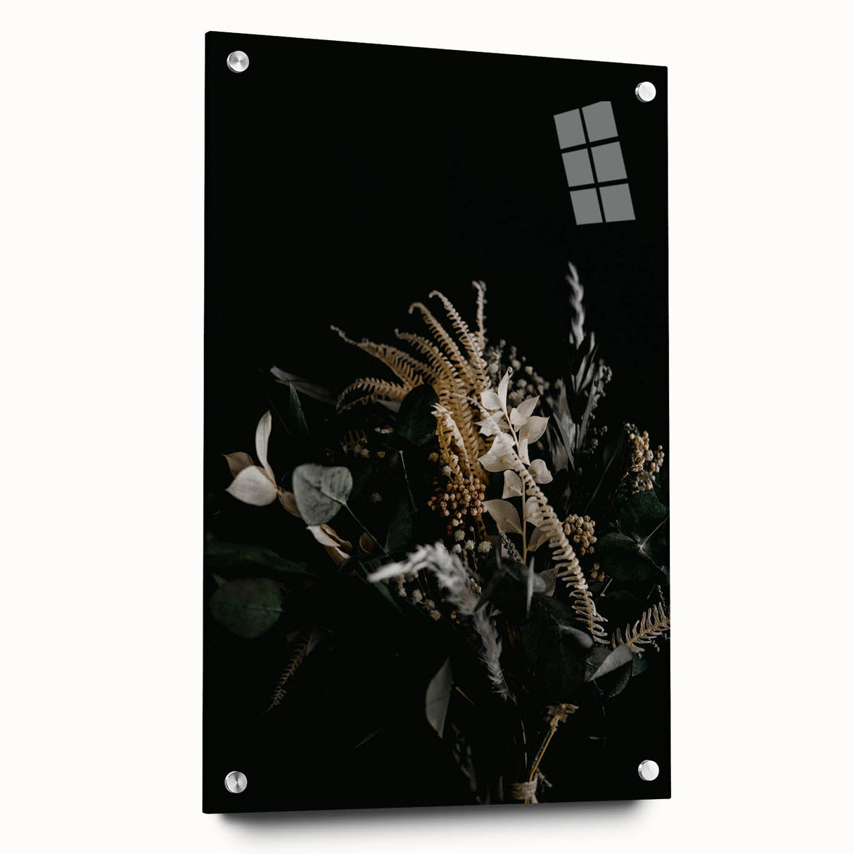 Large abstract wall art on acrylic glass depicting swirling autumn colors, ideal for bedroom or dining room decor.