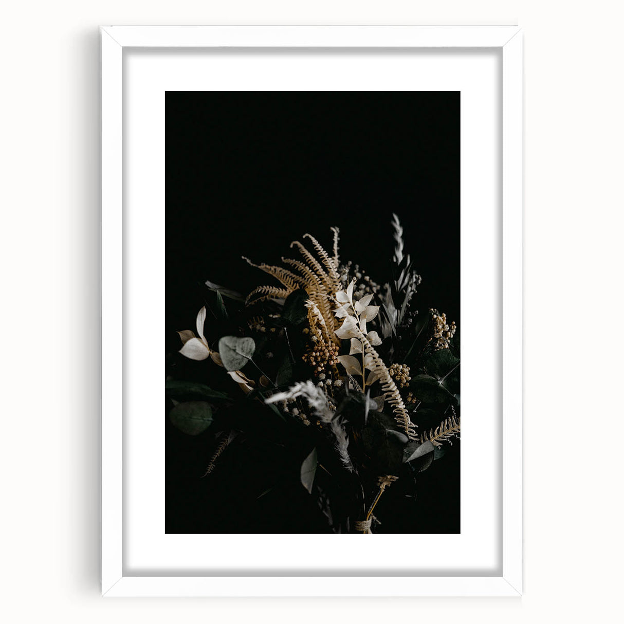 Abstract art print featuring swirling autumnal hues on a white framed canvas, ideal for dining room or bedroom decor.