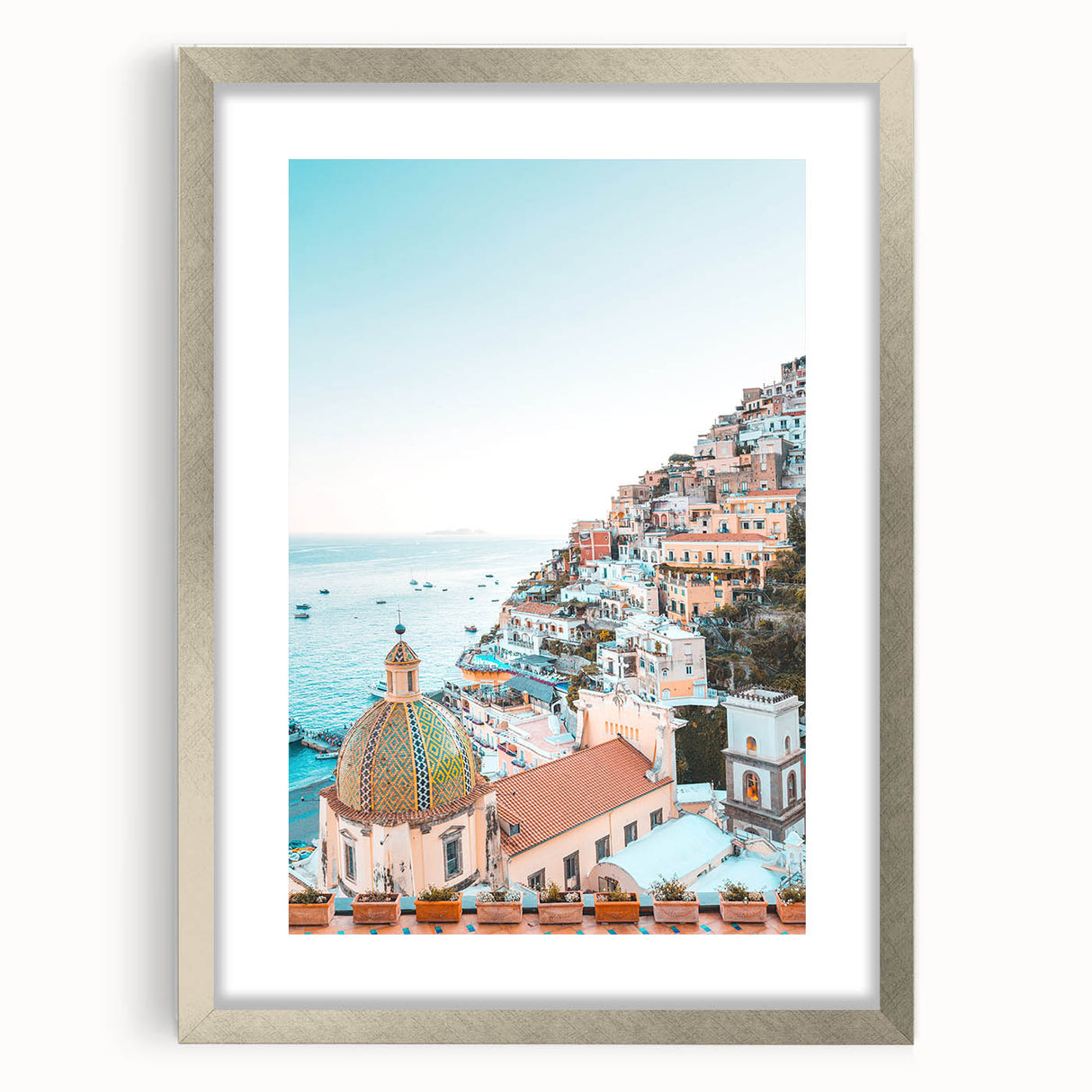 Textured abstract art print in cool neutral tones on a framed canvas, suitable for bedroom decor.