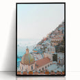 Large abstract wall art featuring swirling blue and orange tones on a black acrylic frame.