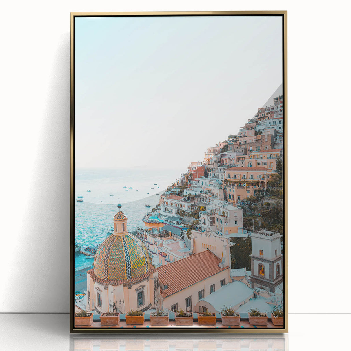Large acrylic print of a mid-century modernist summer scene, featuring warm gold and orange tones.