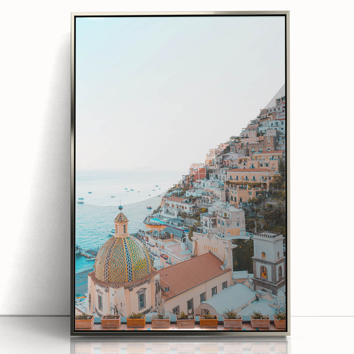 Mid-century modernist art deco poster depicting a summer scene in acrylic, with pastel shades, framed in silver.