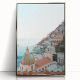 Mid-century modernist art deco poster depicting a summer scene in acrylic, with pastel shades, framed in silver.