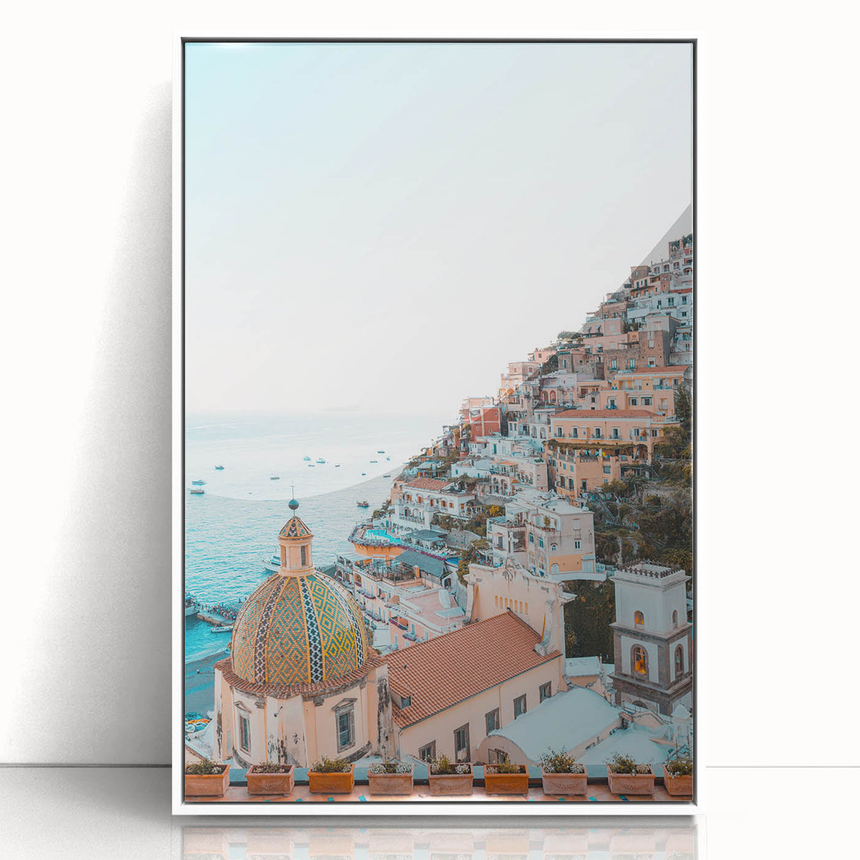Art deco poster featuring a stylized summer scene in pastel shades, acrylic print framed in white.