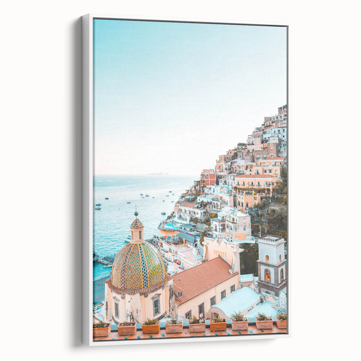 Extra large vintage poster art on canvas featuring colorful abstract design, framed in white, ideal for living room decor.