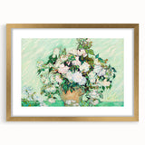 Abstract art print featuring swirling blue and yellow tones on a gold-framed canvas.