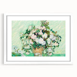 Textured abstract art print of swirling colors in blue and yellow, framed in white, suitable for bedroom decor.