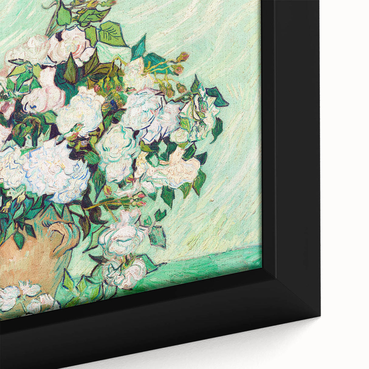 Close-up of a textured Van Gogh-inspired painting on a framed canvas, featuring a swirl pattern in vibrant.