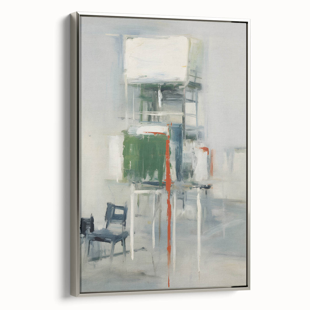 Framed canvas wall art titled "Abstract Strokes" with silver accents, showcasing dynamic brush strokes in vibrant colors, perfect for modern decor.