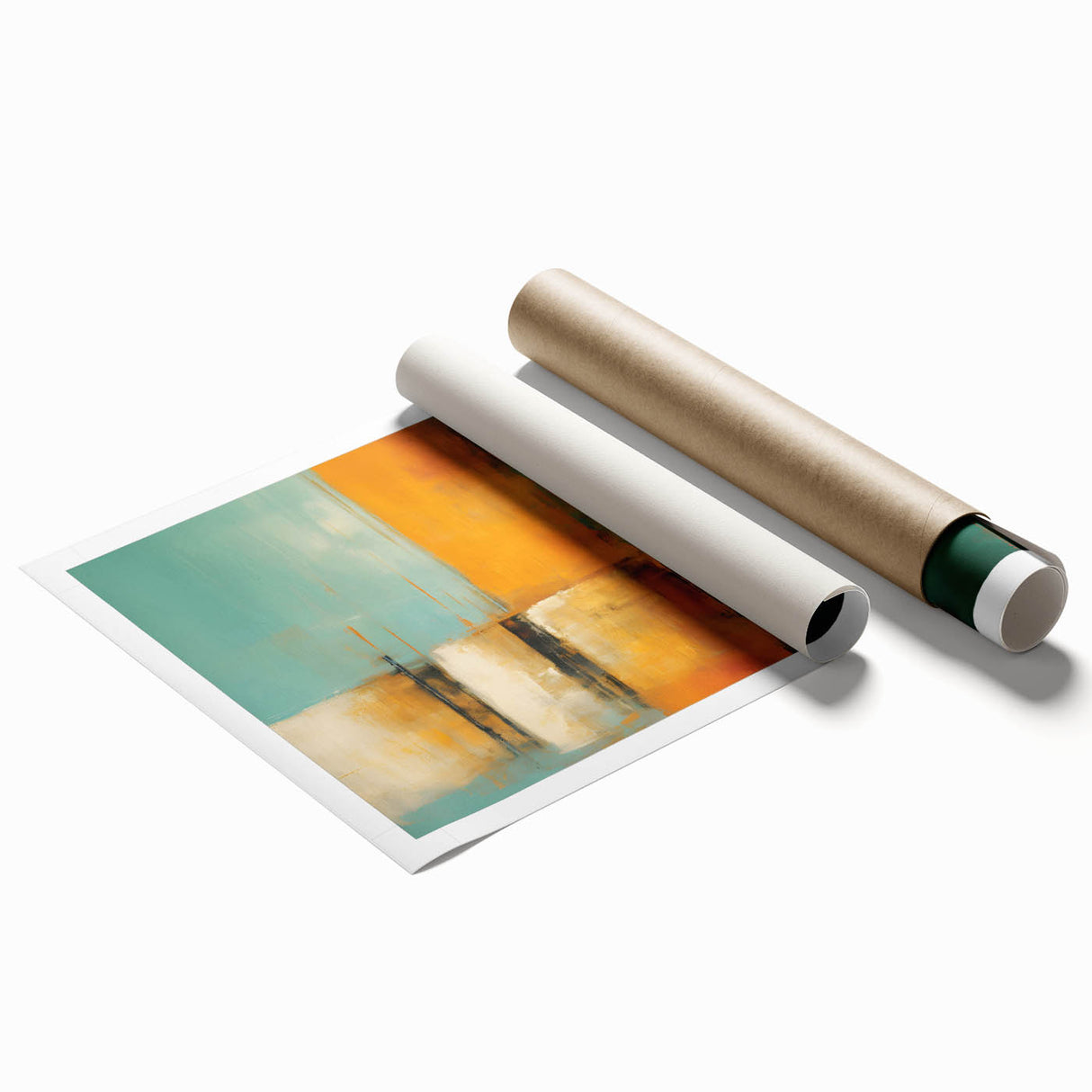 Abstract wall art print showcasing vibrant strokes in blue, orange, and yellow hues, rolled and ready for framing, ideal for modern home décor.