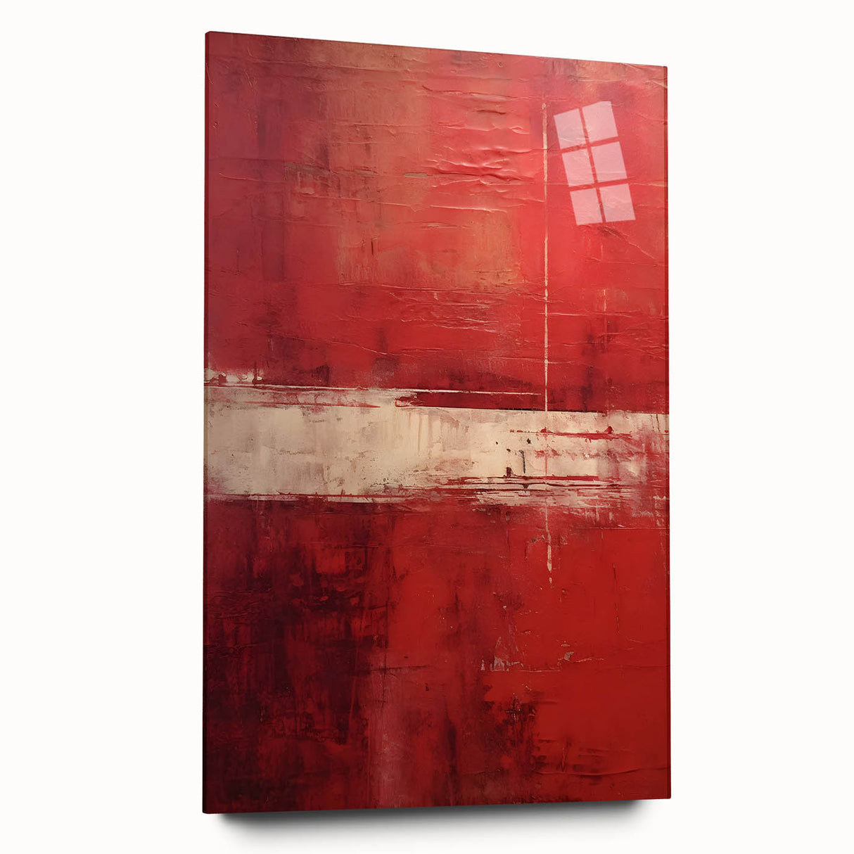 Abstract strokes wall art displayed in acrylic glass, showcasing vibrant colors and fluid designs, perfect for modern interior decor. The side view highlights its sleek edges and contemporary aesthetic, enhancing any room's ambiance.