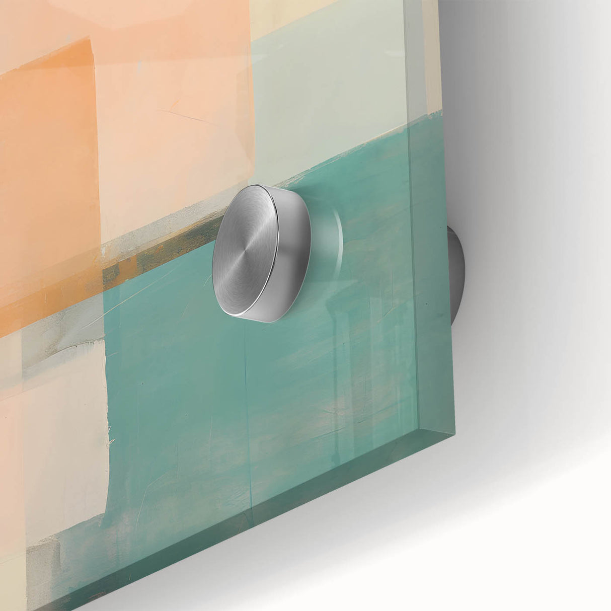 Close-up of an abstract wall art piece featuring vibrant strokes in shades of blue, yellow, and pink, designed for modern interior décor, showcasing rich textures and layered acrylic glass finish.