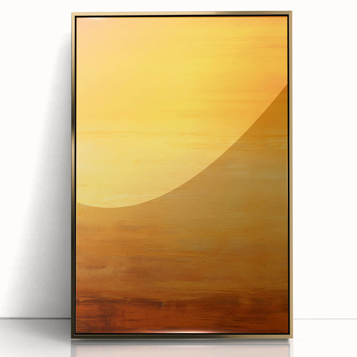 Framed abstract wall art featuring dynamic gold strokes on an acrylic surface, set against a neutral backdrop, perfect for modern decor enhancement.