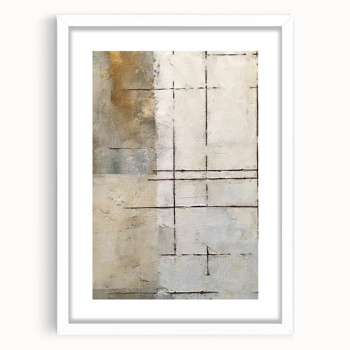 Abstract wall art featuring vibrant strokes in hues of blue, pink, and gold, framed with a white mat. Ideal for modern decor, enhancing any room's aesthetic.