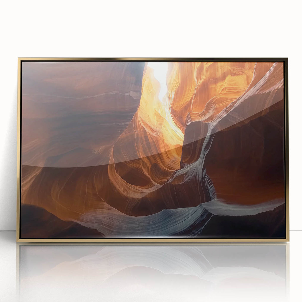Framed acrylic artwork showcasing a stunning landscape with intricate cave formations, featuring gold accents and a sleek modern design, perfect for home decor.