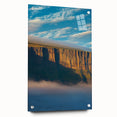 Acrylic landscape artwork depicting vibrant cliffs in a side view, elegantly displayed with pins on a glass surface, showcasing rich colors and intricate details. Ideal for enhancing modern interiors.