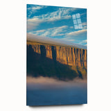 Acrylic wall art depicting a stunning cliff landscape in vibrant colors, expertly mounted on glass, highlighting intricate details and textures. Perfect for modern decor.