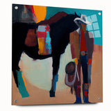Abstract figurative wall art displayed in an acrylic glass frame, showcasing vibrant colors and dynamic shapes, ideal for modern home decor.