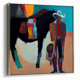 Abstract figurative wall art in a sleek silver frame, showcasing vibrant colors and dynamic shapes, perfect for modern interior decor, viewed from the side.