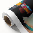 Abstract figurative wall art on rolled canvas showcasing vibrant colors and dynamic shapes, designed to enhance modern home decor, packaged securely in a cardboard tube for safe delivery.