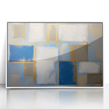 Framed abstract geometric artwork in white acrylic, showcasing a modern design with sharp angles and vibrant colors, perfect for contemporary home decor.