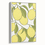 Vintage poster art featuring an array of colorful fruits on a black background, framed canvas, ideal for living room decor.