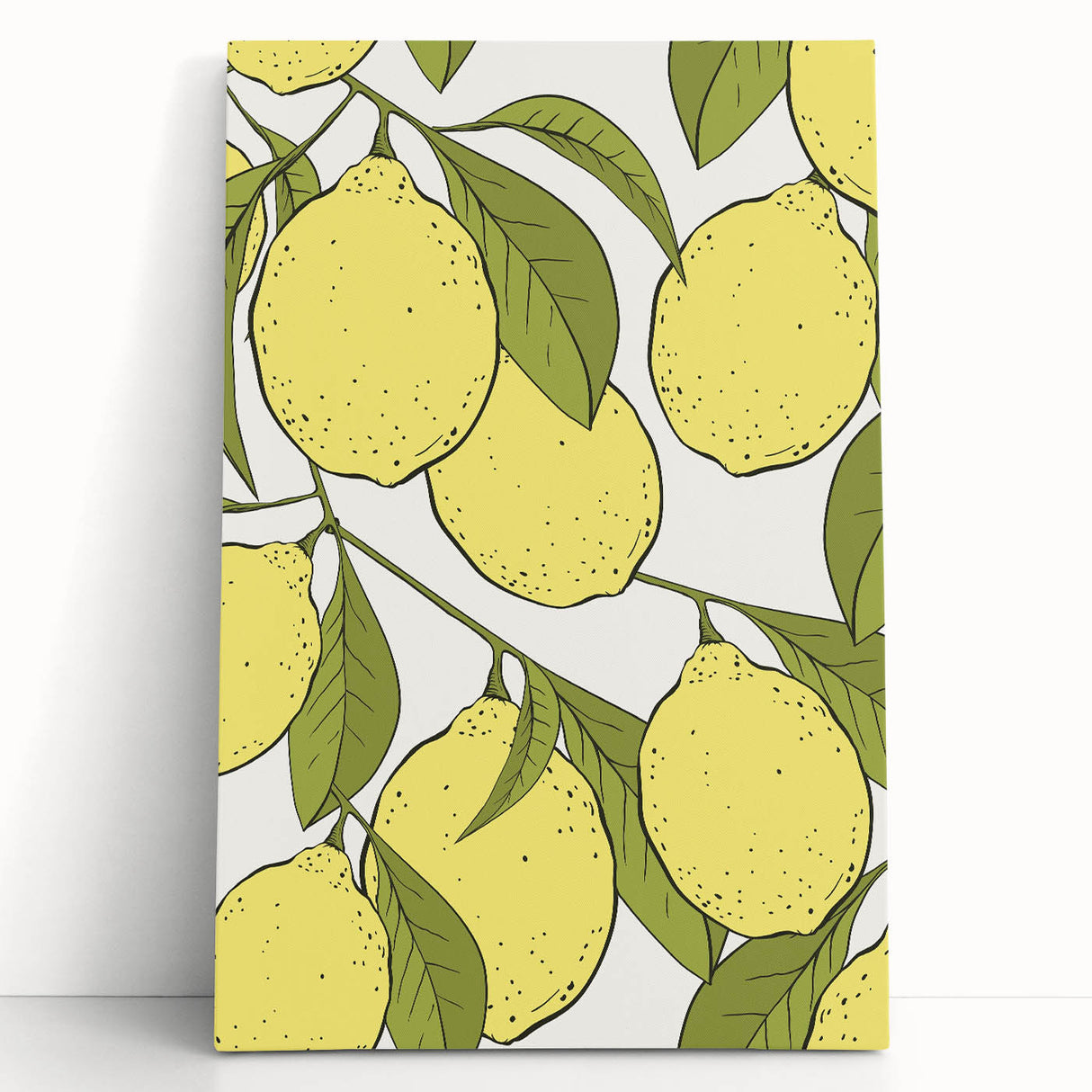 Black and white stretched canvas featuring an assortment of fruits, ideal for kitchen wall art.