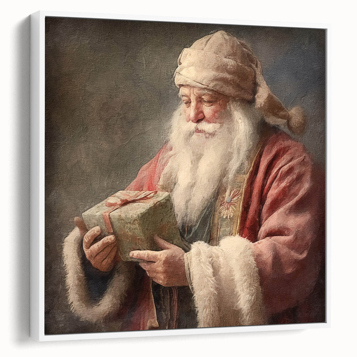 Christmas Framed Art - Santa with Gift Box Seasonal Wall Decoration
