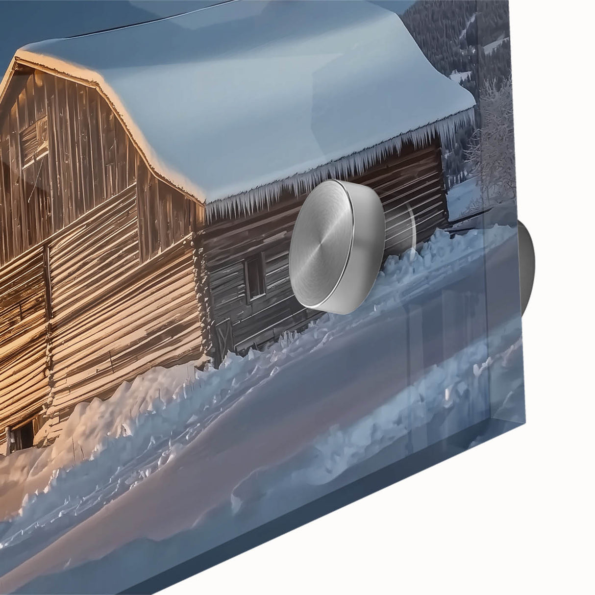 Close-up of a landscape barn acrylic artwork showcasing vibrant colors and intricate details, ideal for rustic home decor and enhancing interior spaces.