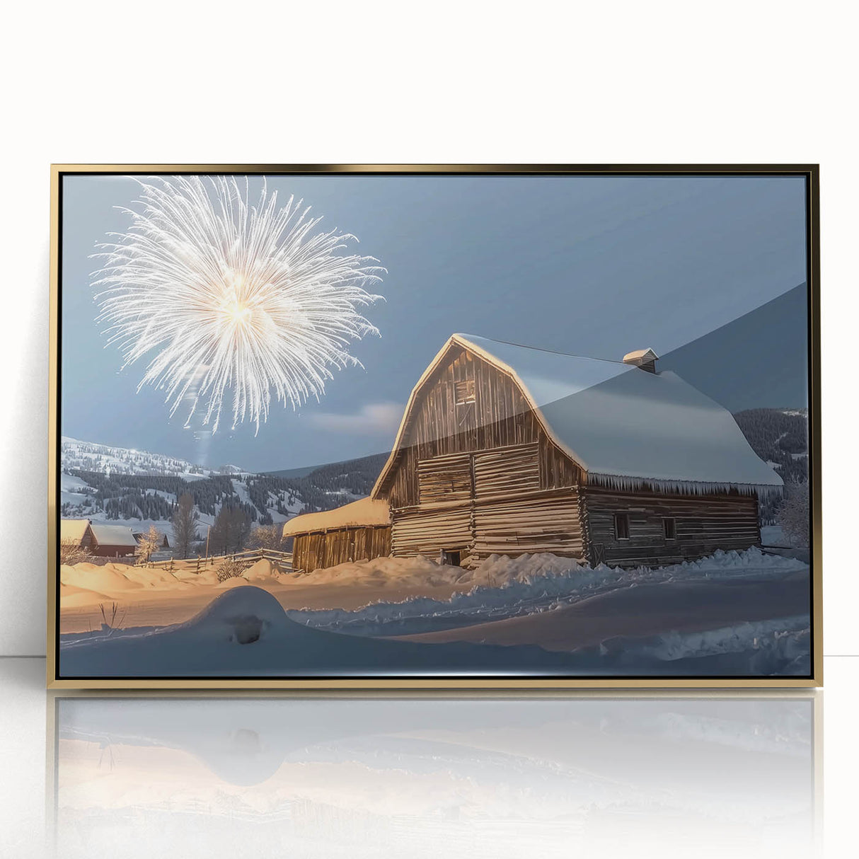 Elegant landscape barn art print framed in gold acrylic, showcasing a serene rural scene with vibrant colors and intricate details, perfect for home decor.