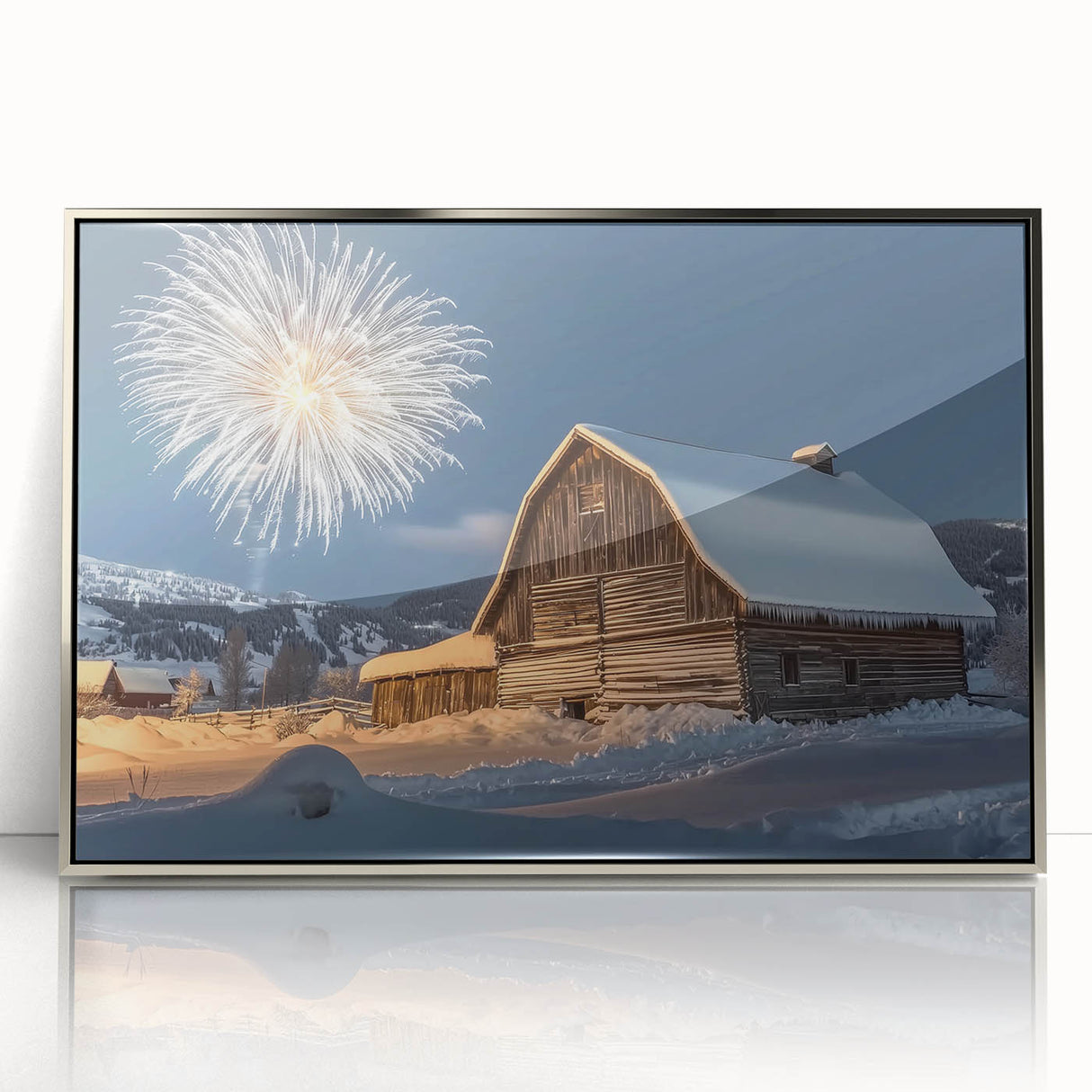 Framed acrylic artwork showcasing a silver barn landscape, featuring vibrant colors and intricate details, perfect for enhancing any home or office decor.