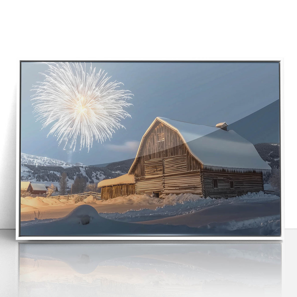 Framed acrylic artwork featuring a serene landscape scene with a white barn, vibrant greenery, and a calming sky, designed to enhance home decor aesthetics.