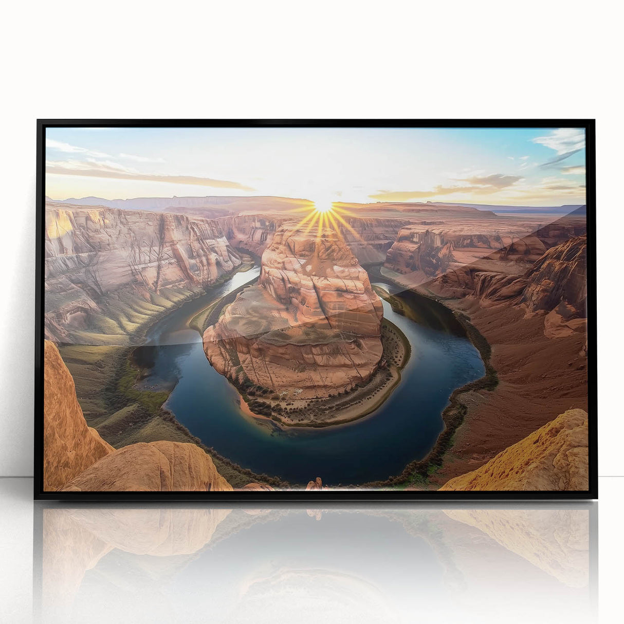 Framed acrylic landscape artwork depicting vibrant canyons in rich earth tones, showcasing stunning natural beauty and depth, perfect for modern home decor.