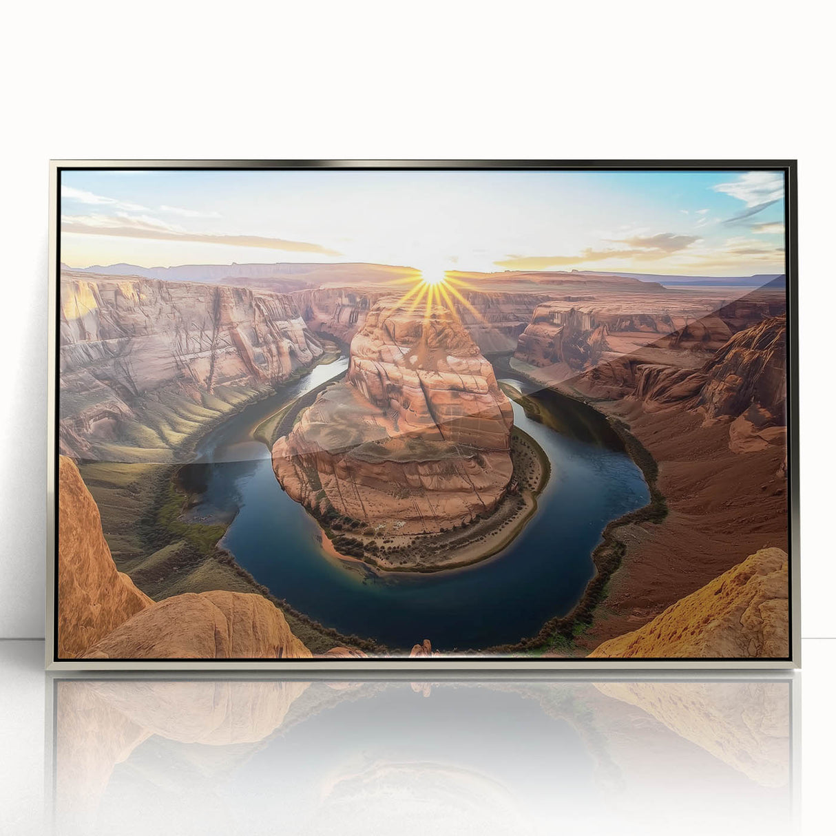 Framed acrylic artwork depicting a stunning landscape of colorful canyons, featuring rich hues of orange, red, and blue, ideal for modern home decor.